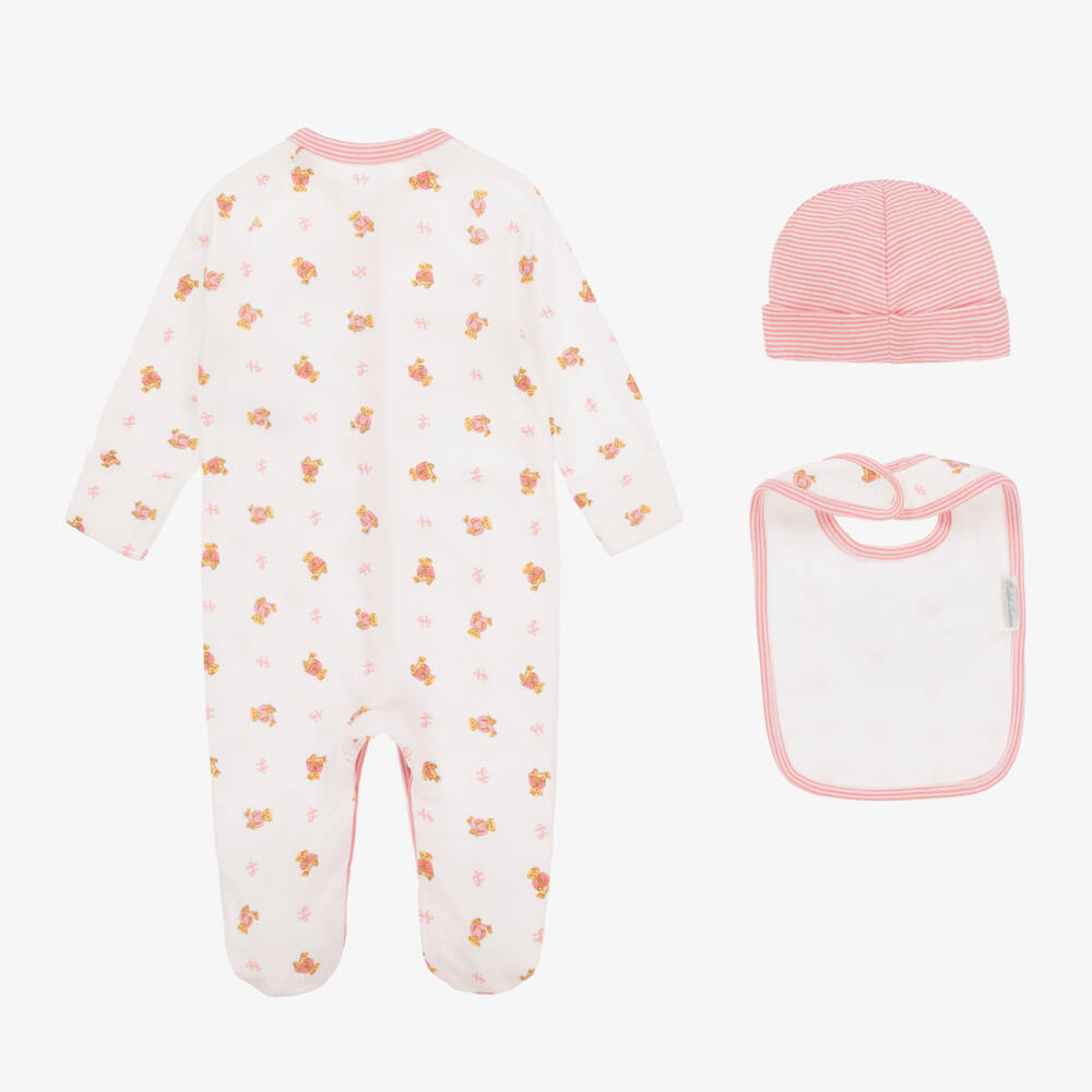 Ralph Lauren-Girls White & Pink Polo Bear Babysuit Set | Childrensalon Outlet