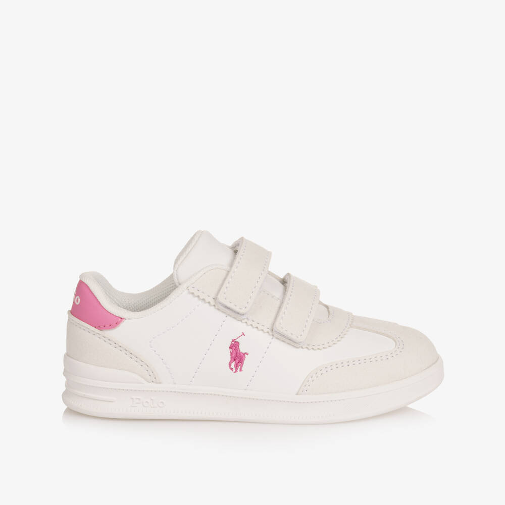 Ralph Lauren-Girls White & Pink Velcro Trainers with Pony Logos | Childrensalon Outlet