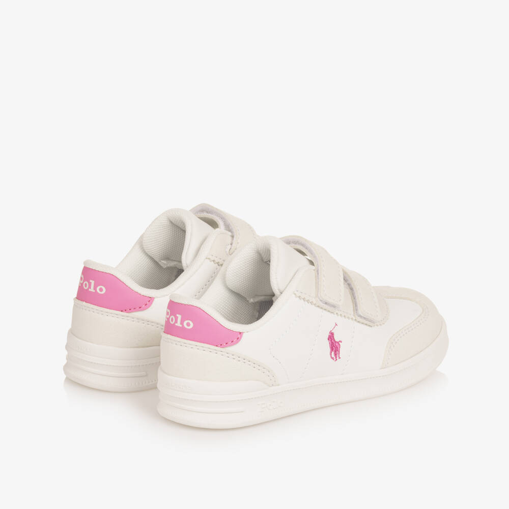 Ralph Lauren-Girls White & Pink Velcro Trainers with Pony Logos | Childrensalon Outlet