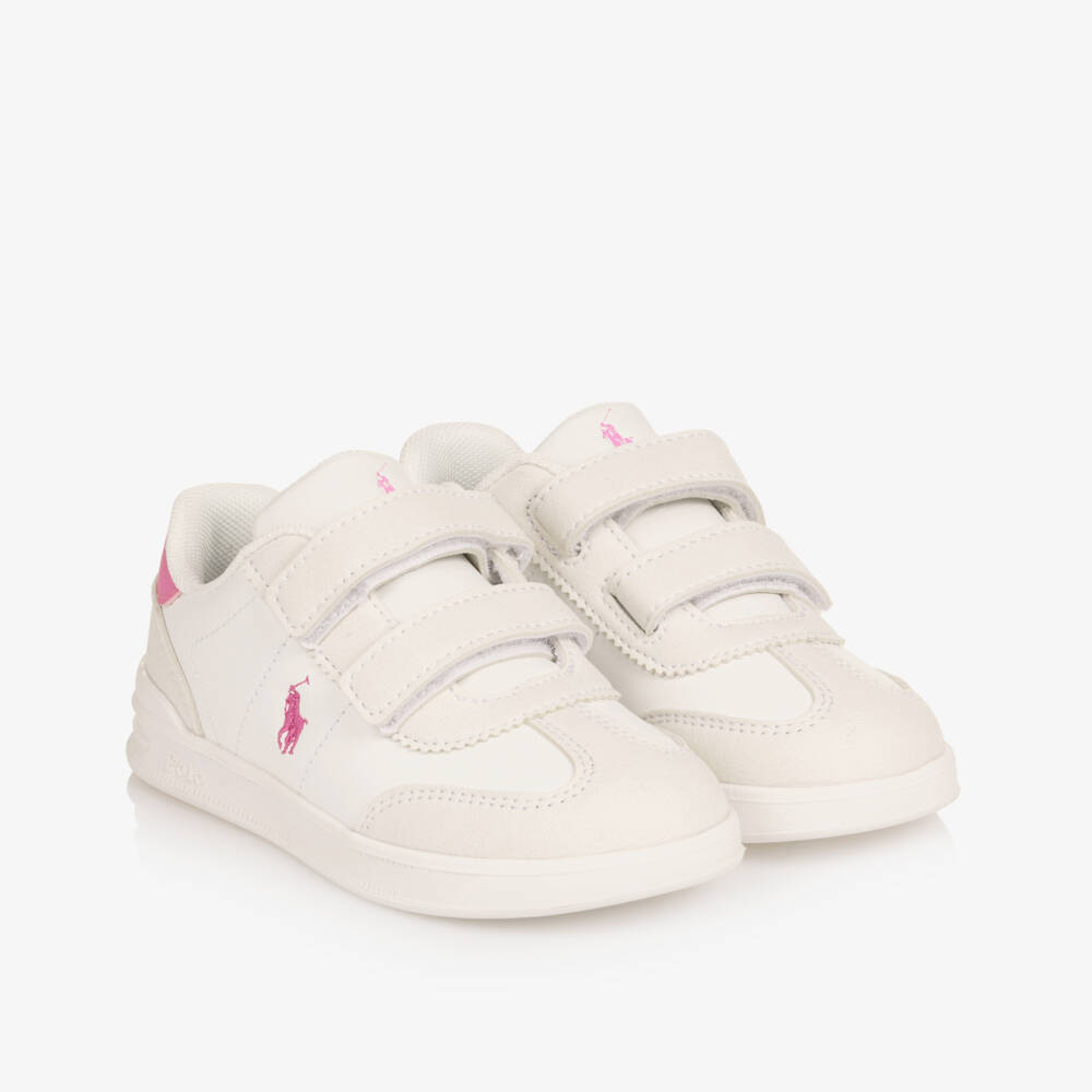 Ralph Lauren-Girls White & Pink Velcro Trainers with Pony Logos | Childrensalon Outlet