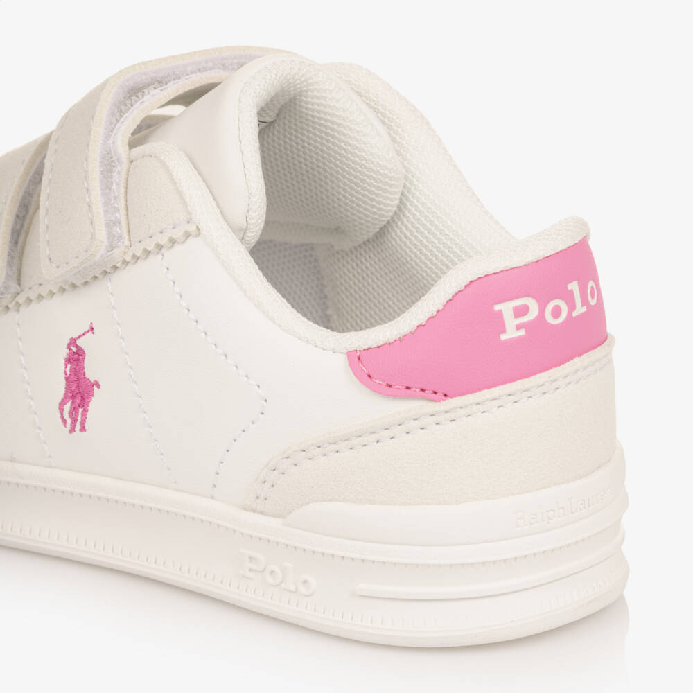 Ralph Lauren-Girls White & Pink Velcro Trainers with Pony Logos | Childrensalon Outlet