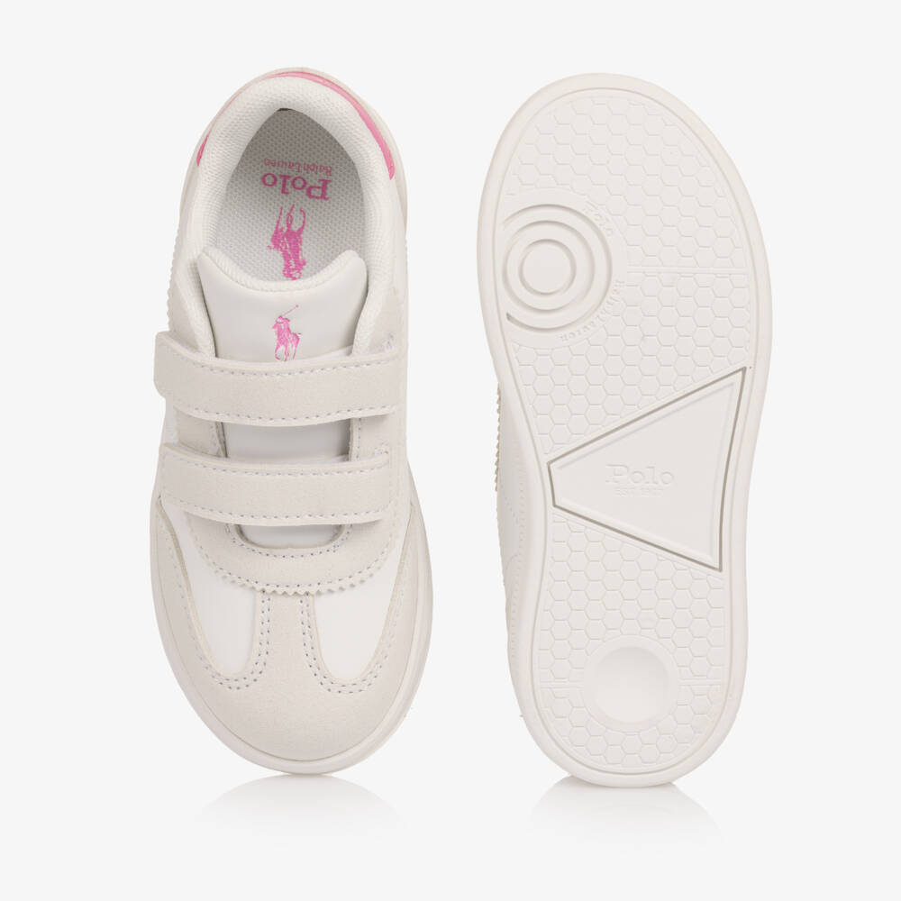 Ralph Lauren-Girls White & Pink Velcro Trainers with Pony Logos | Childrensalon Outlet