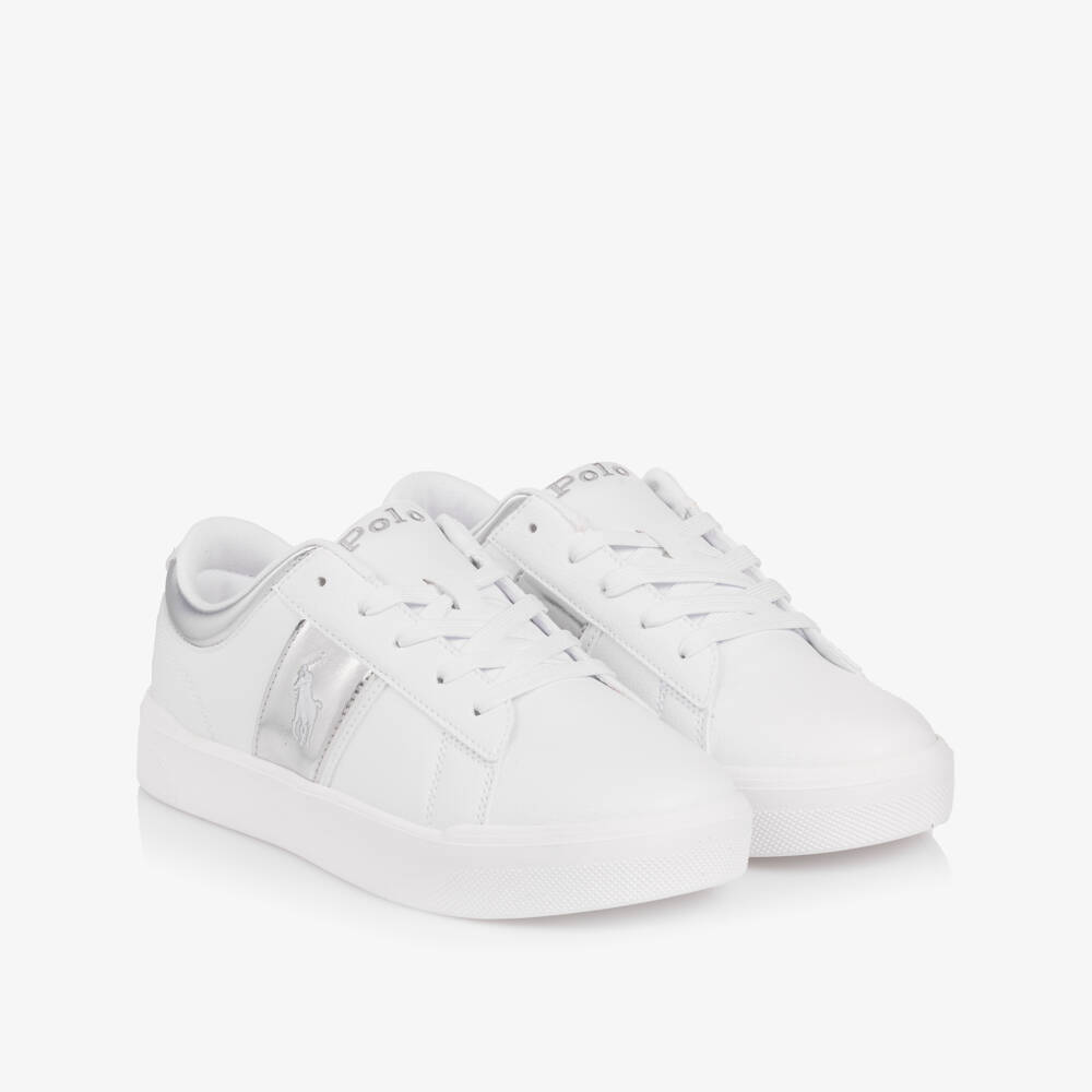 Ralph Lauren-Girls White & Silver Faux Leather Logo Lace-Up Trainers | Childrensalon Outlet
