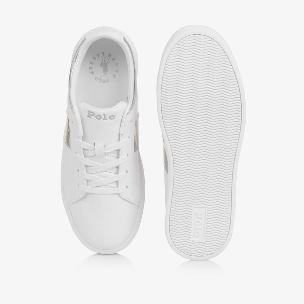 Ralph Lauren-Girls White & Silver Faux Leather Logo Lace-Up Trainers | Childrensalon Outlet