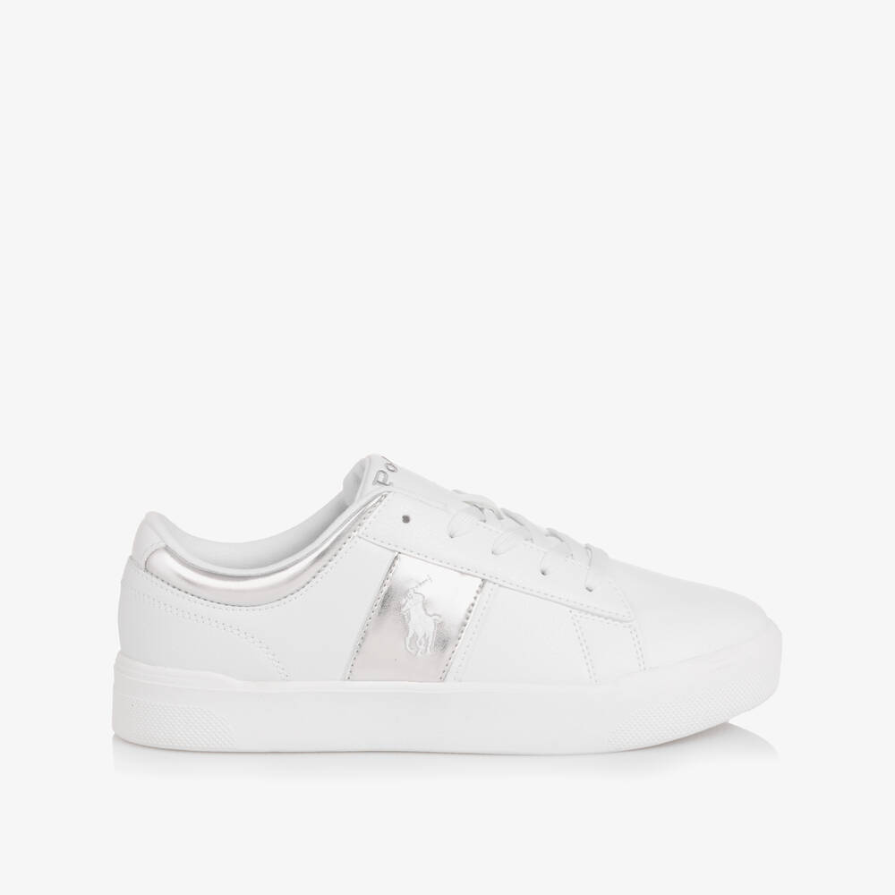 Ralph Lauren-Girls White & Silver Faux Leather Logo Lace-Up Trainers | Childrensalon Outlet