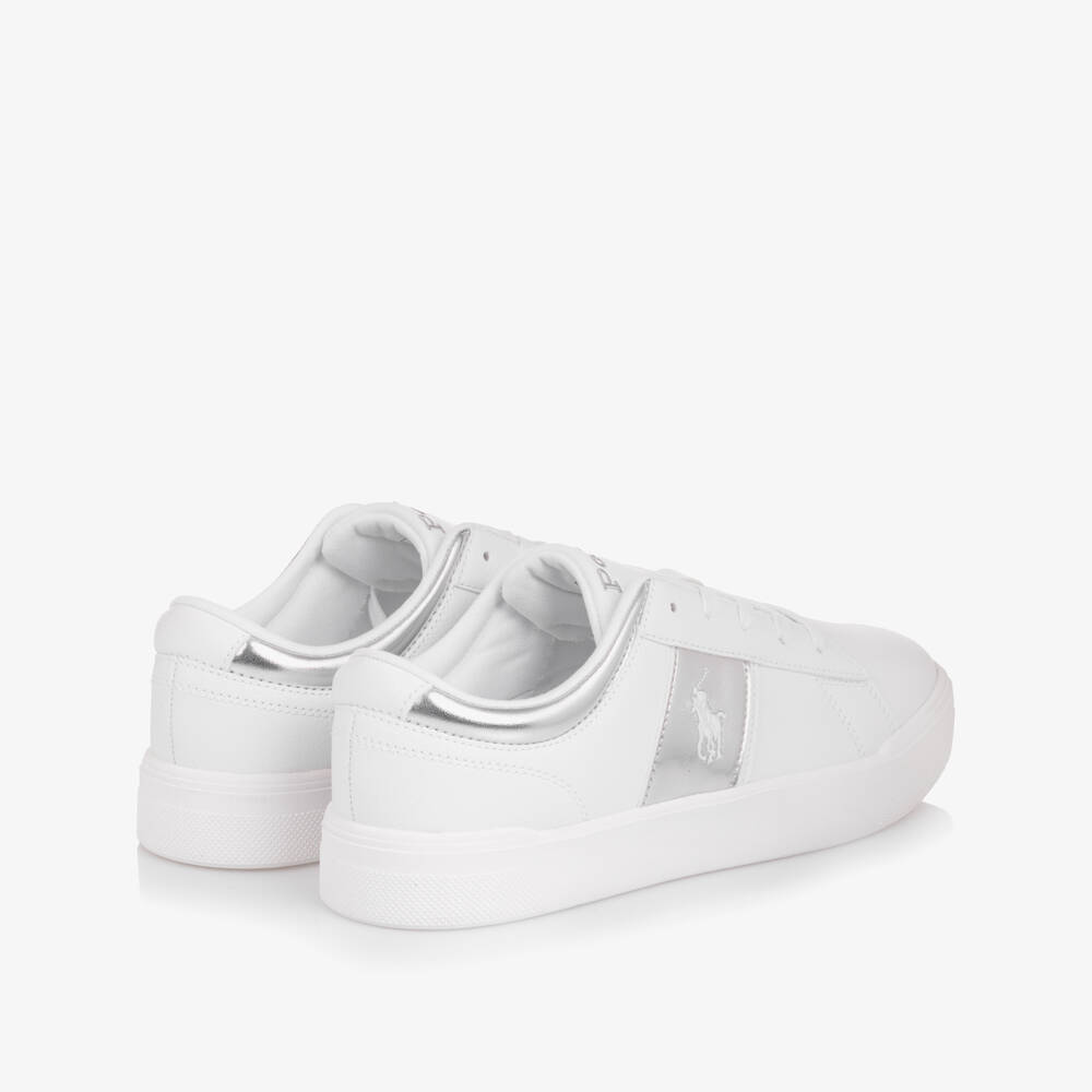 Ralph Lauren-Girls White & Silver Faux Leather Logo Lace-Up Trainers | Childrensalon Outlet