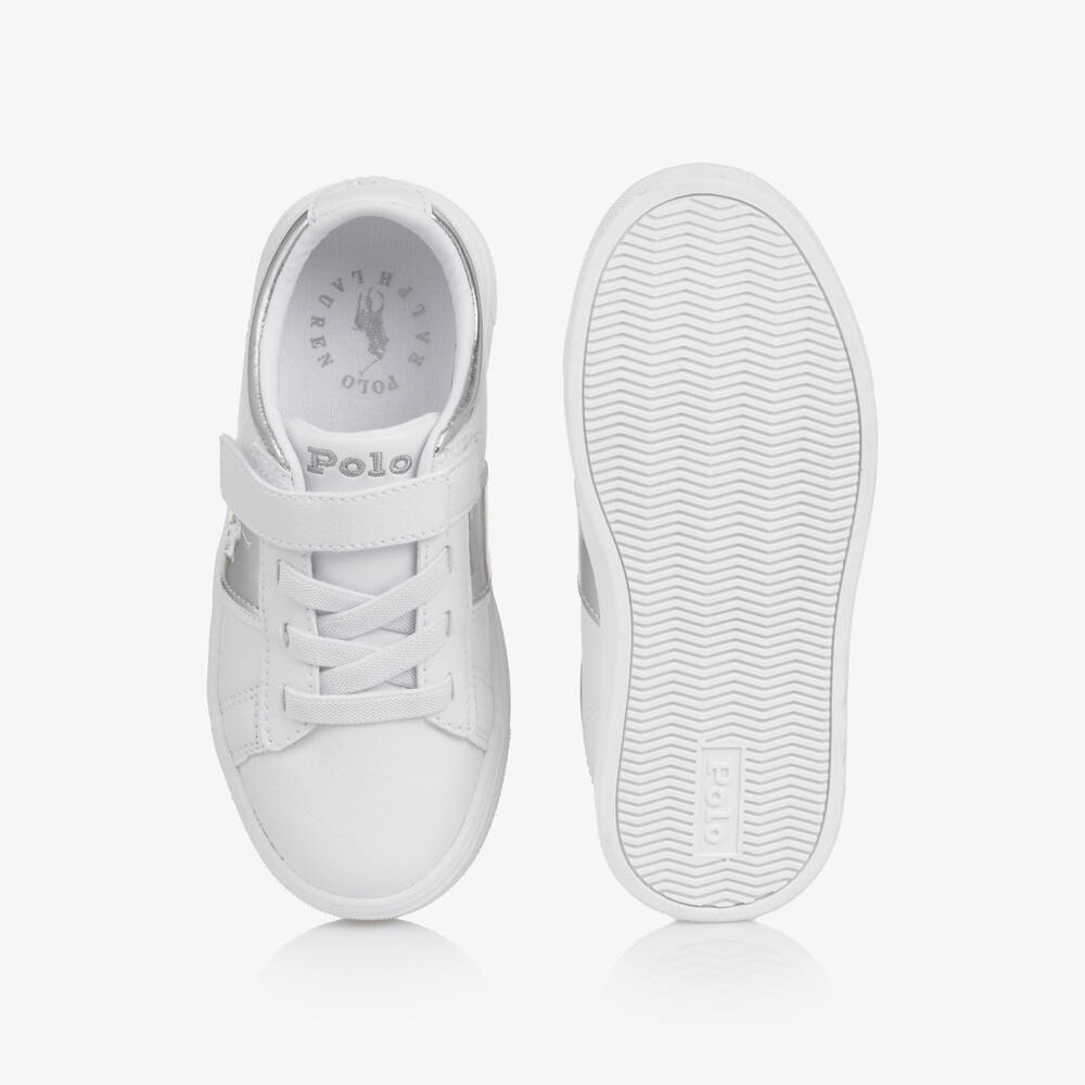 Ralph Lauren-Girls White & Silver Faux Leather Trainers | Childrensalon Outlet