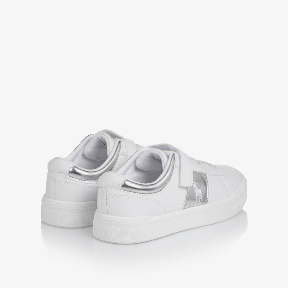 Ralph Lauren-Girls White & Silver Faux Leather Trainers | Childrensalon Outlet