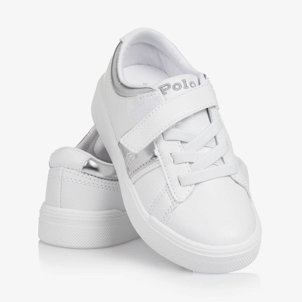 Ralph Lauren-Girls White & Silver Faux Leather Trainers | Childrensalon Outlet