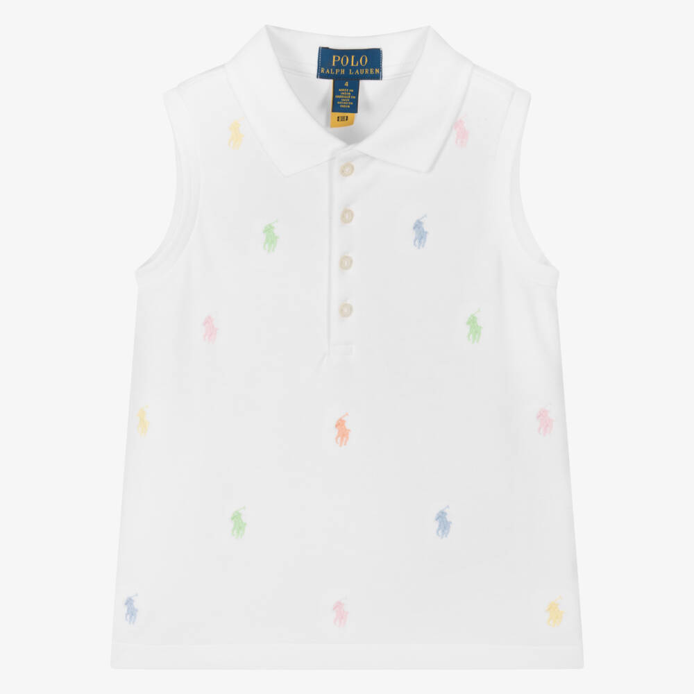 Ralph Lauren-Girls White Sleeveless Polo with Embroidered Ponies | Childrensalon Outlet
