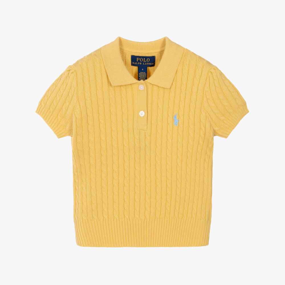 Ralph Lauren-Girls Yellow Cotton Cable Knit Polo Shirt | Childrensalon Outlet