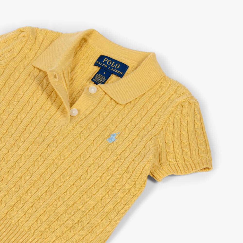 Ralph Lauren-Girls Yellow Cotton Cable Knit Polo Shirt | Childrensalon Outlet
