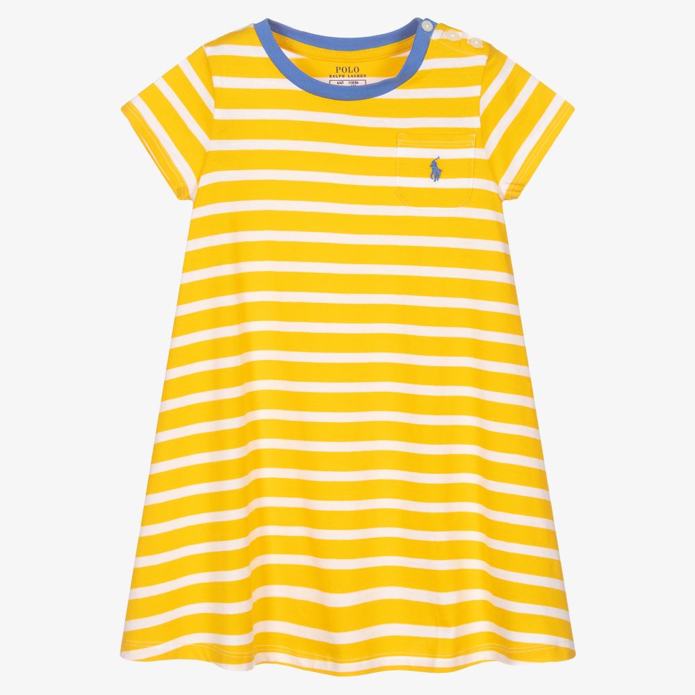Polo Ralph Lauren - فستان قطن جيرسي مقلم لون أصفر وأبيض | Childrensalon