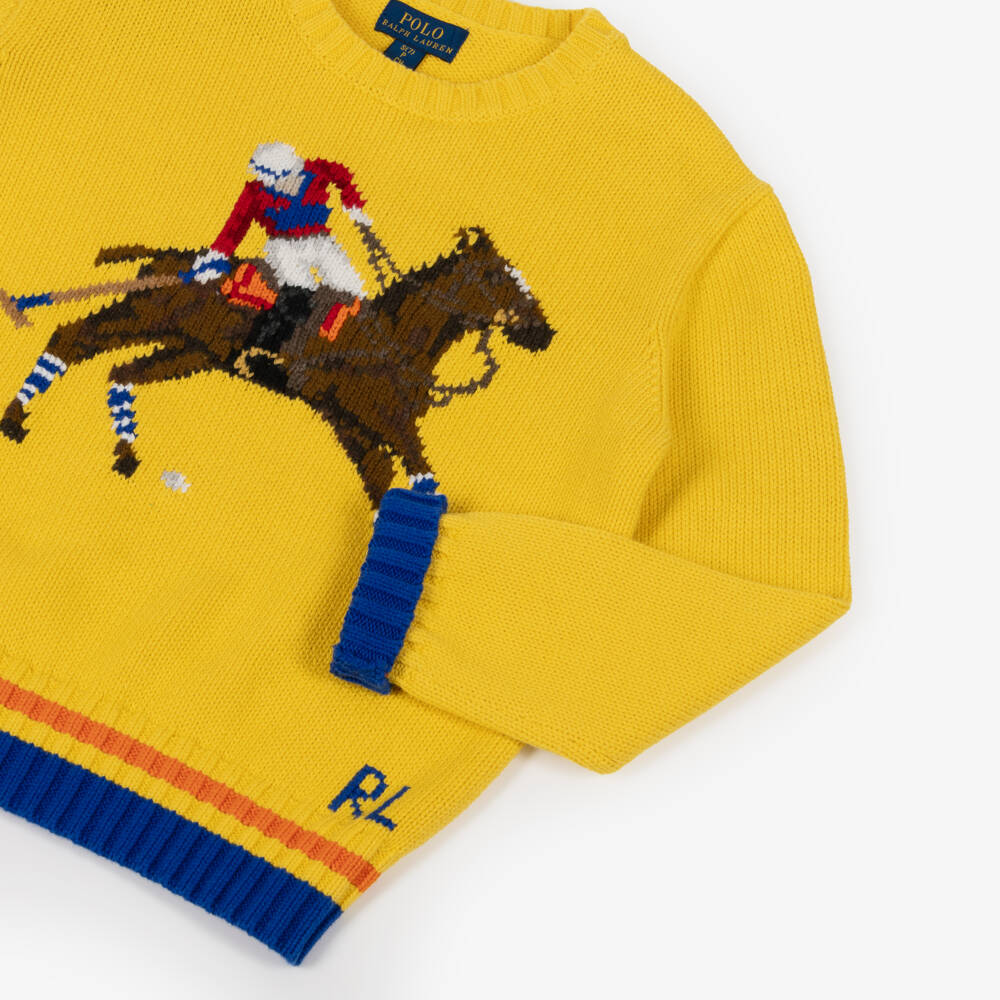 Ralph Lauren-Girls Yellow Cotton Knit Sweater with Polo Player | Childrensalon Outlet