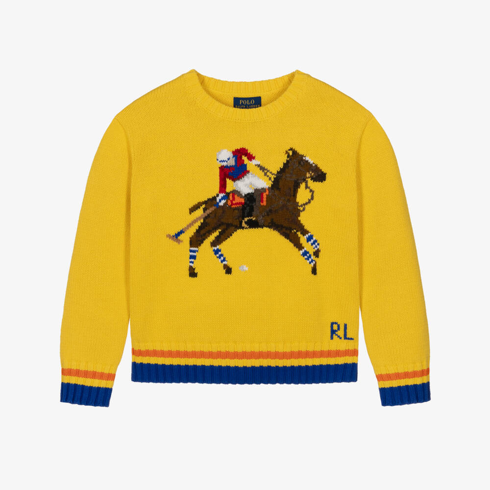 Ralph Lauren-Girls Yellow Cotton Knit Sweater with Polo Player | Childrensalon Outlet