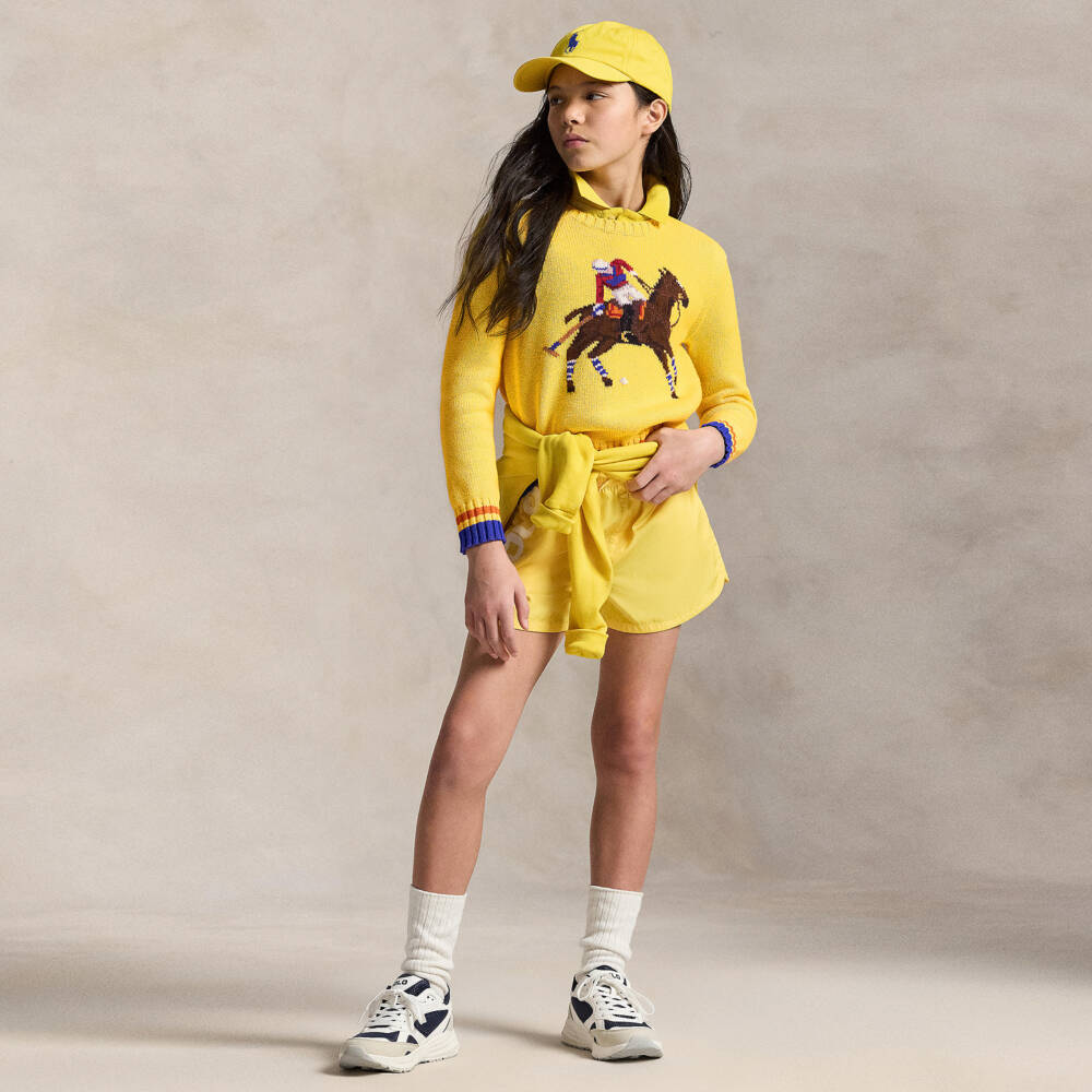Ralph Lauren-Girls Yellow Cotton Knit Sweater with Polo Player | Childrensalon Outlet