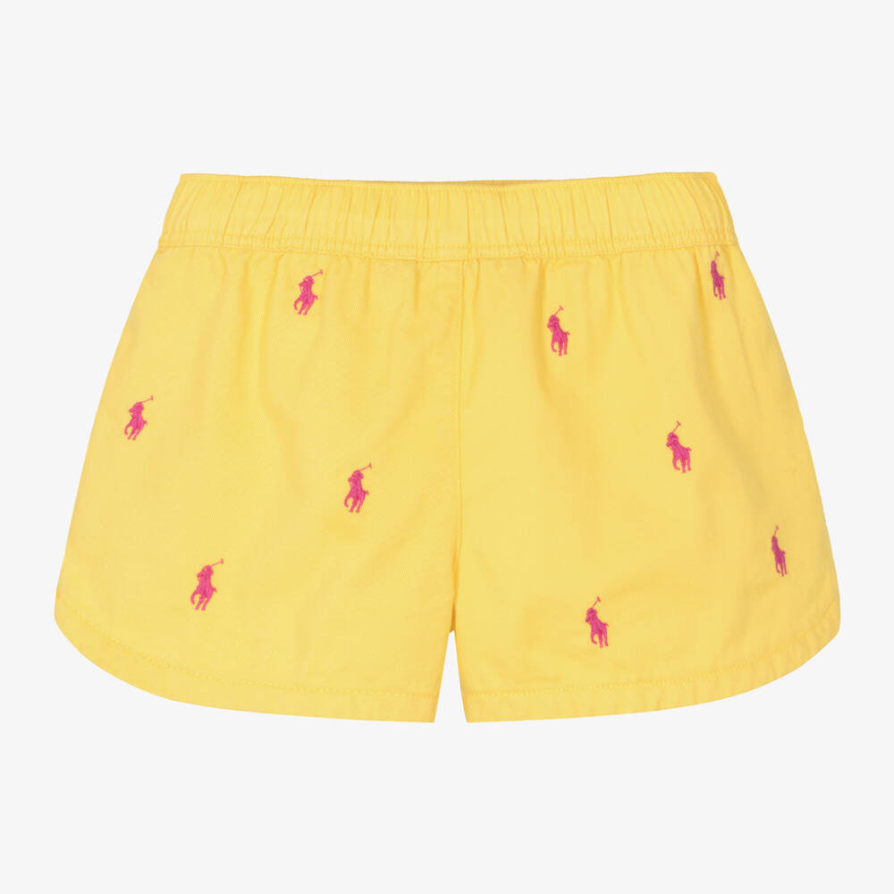 Ralph Lauren-Girls Yellow Cotton Pony Logo Shorts | Childrensalon Outlet