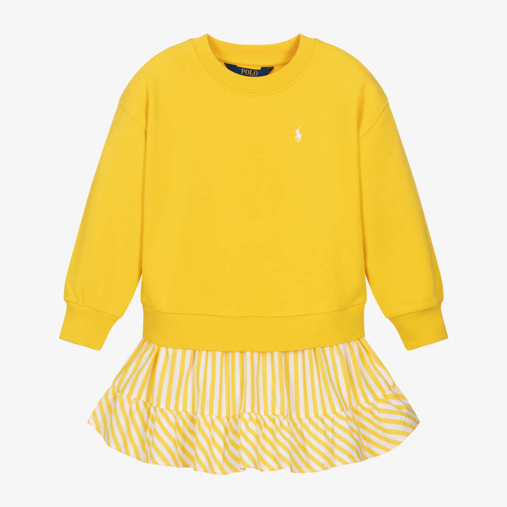 Ralph Lauren-Girls Yellow Cotton Sweatshirt Dress with Stripes | Childrensalon Outlet