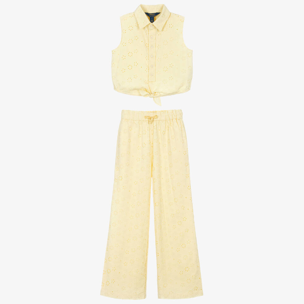 Ralph Lauren-Girls Yellow Embroidered Cotton Sleeveless Top & Trouser Set | Childrensalon Outlet