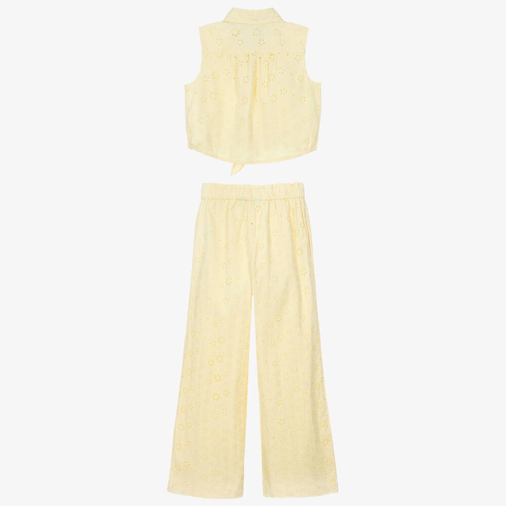 Ralph Lauren-Girls Yellow Embroidered Cotton Sleeveless Top & Trouser Set | Childrensalon Outlet