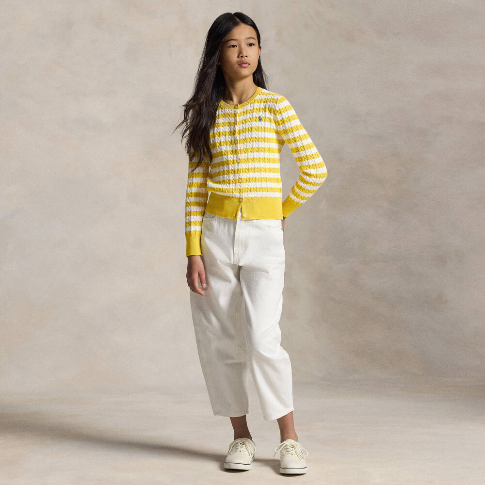 Ralph Lauren-Girls Yellow & Ivory Stripe Cotton Cardigan with Pony Logo | Childrensalon Outlet