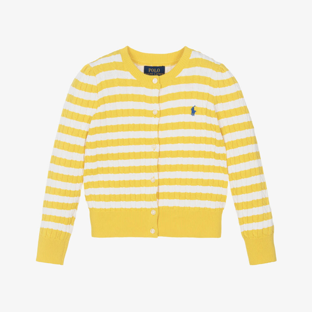 Ralph Lauren-Girls Yellow & Ivory Stripe Cotton Cardigan with Pony Logo | Childrensalon Outlet