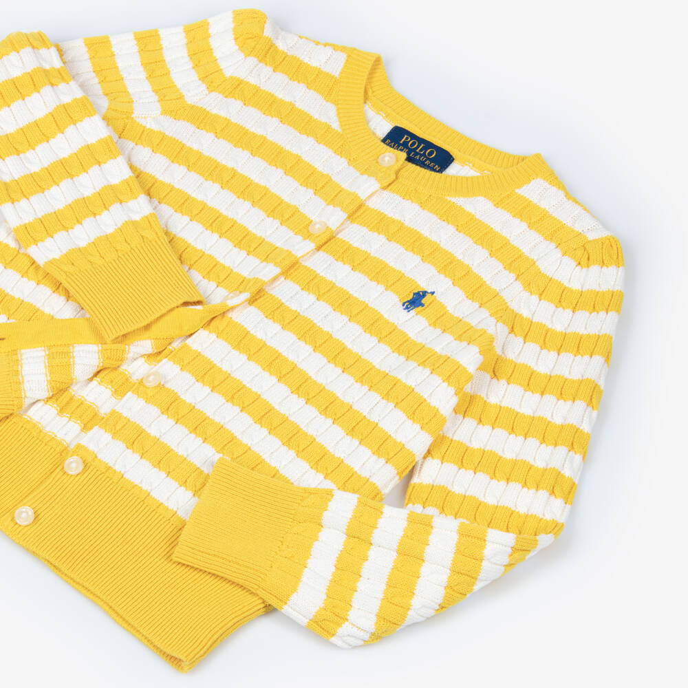 Ralph Lauren-Girls Yellow & Ivory Stripe Cotton Cardigan with Pony Logo | Childrensalon Outlet