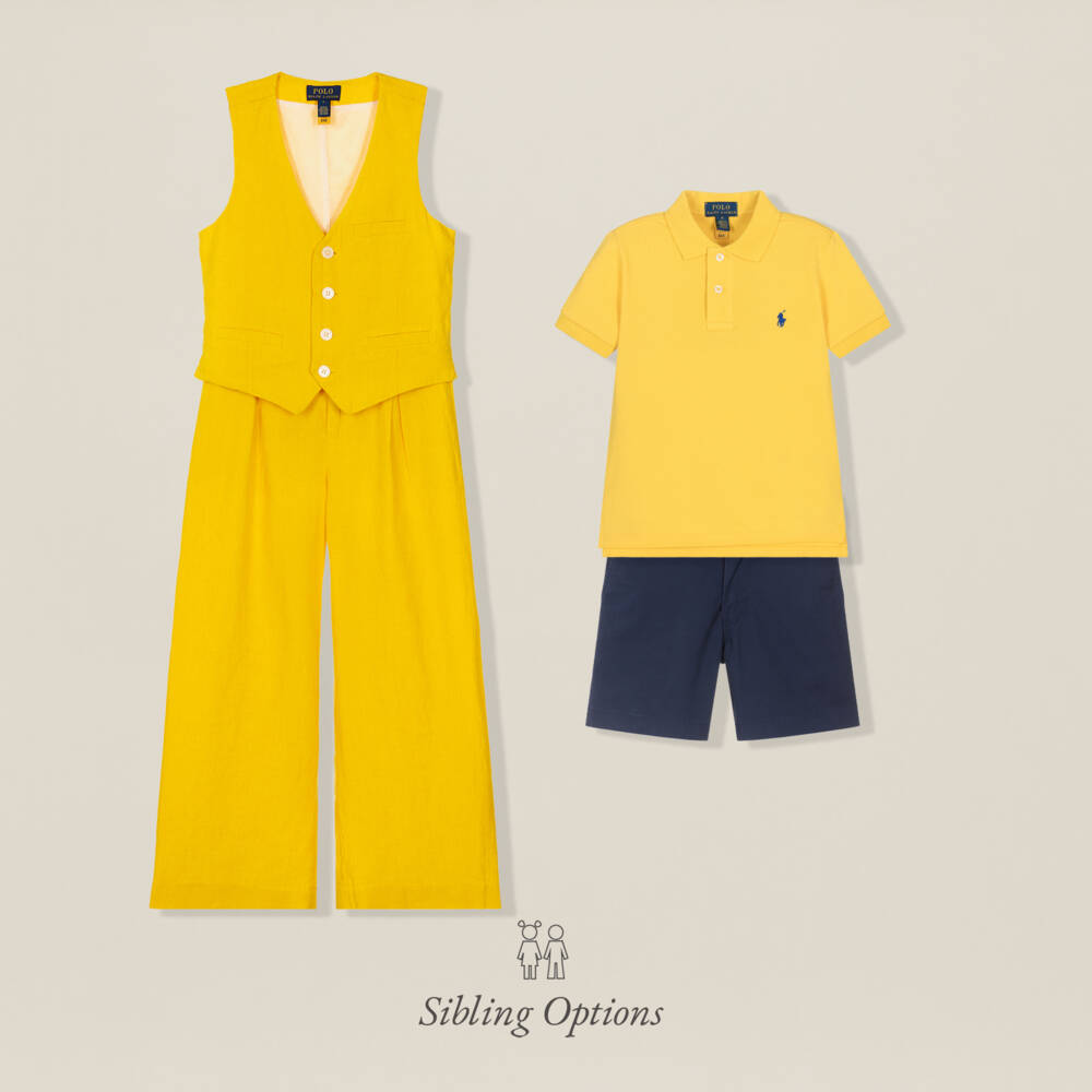 Ralph Lauren-Girls Yellow Linen Waistcoat & Trouser Set | Childrensalon Outlet