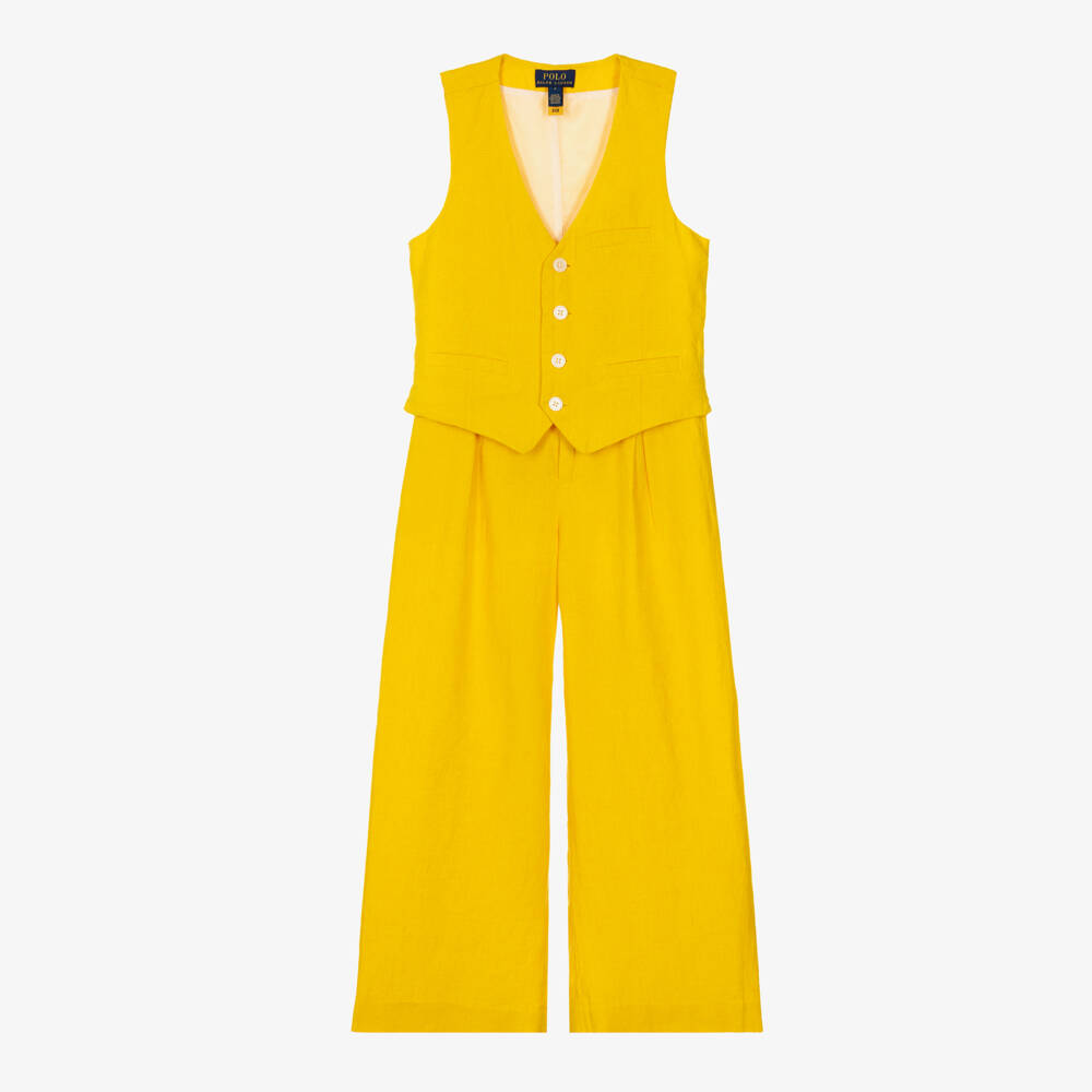 Ralph Lauren-Girls Yellow Linen Waistcoat & Trouser Set | Childrensalon Outlet