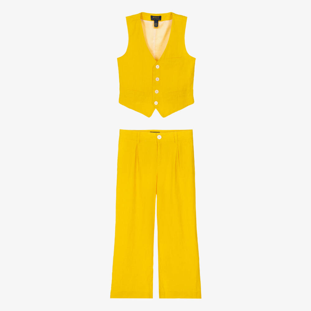 Ralph Lauren-Girls Yellow Linen Waistcoat & Trouser Set | Childrensalon Outlet