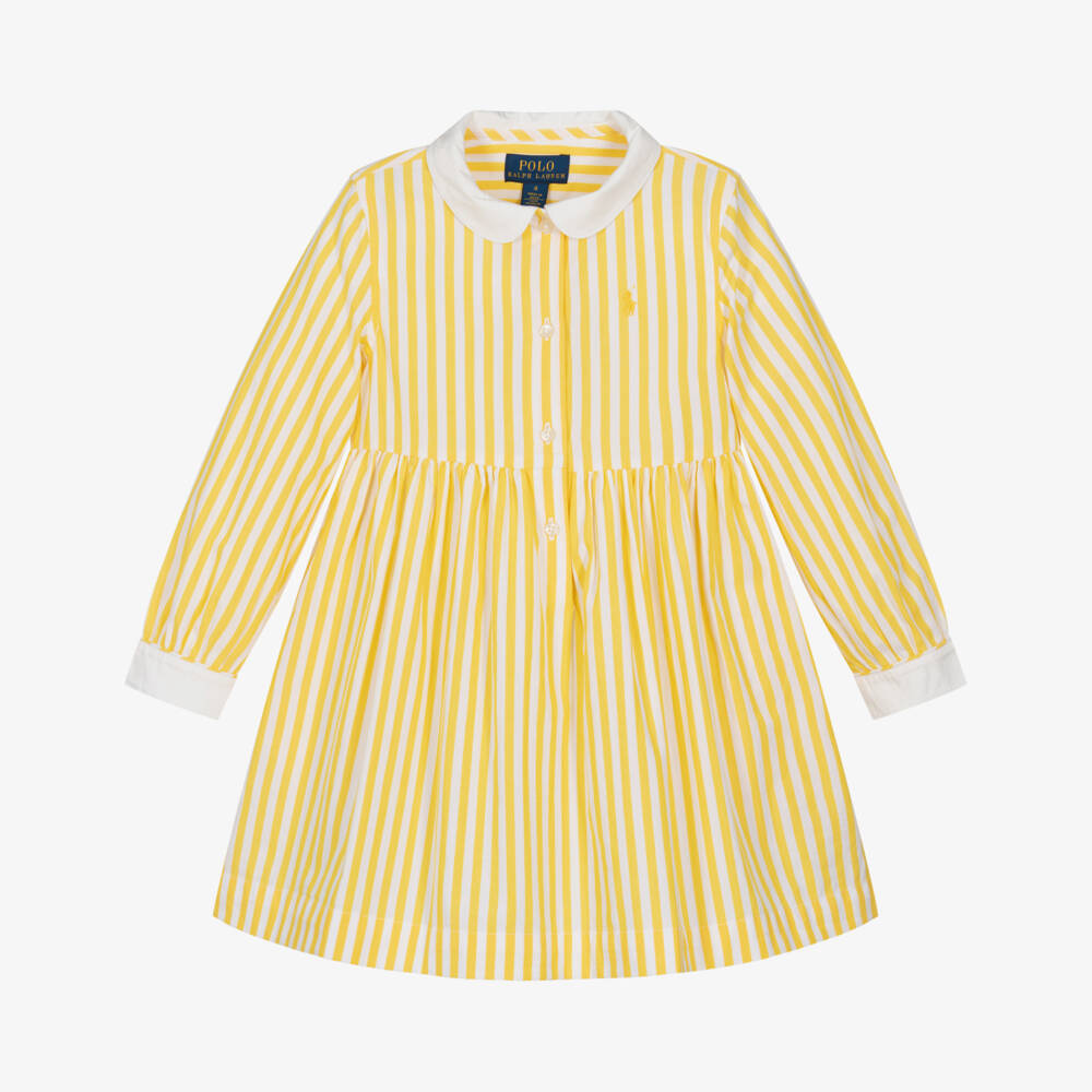 Ralph Lauren-Girls Yellow & White Striped Cotton Shirt Dress | Childrensalon Outlet