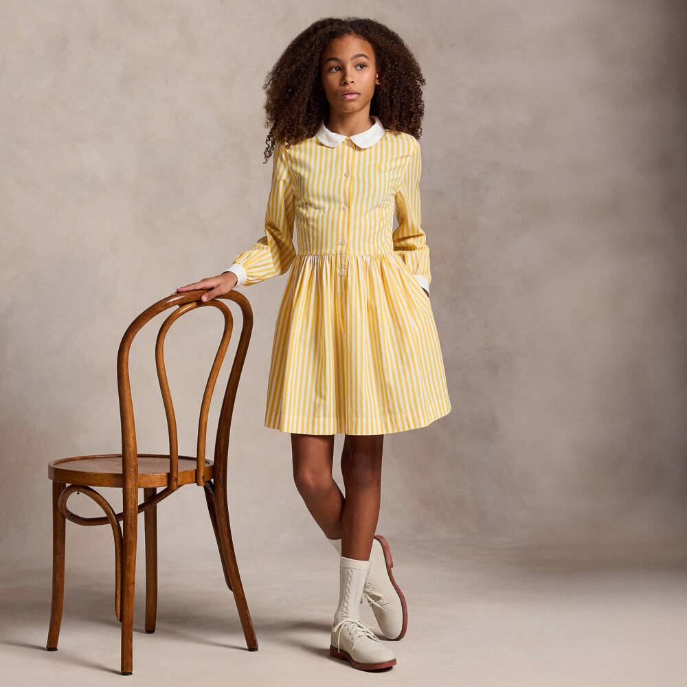 Ralph Lauren-Girls Yellow & White Striped Cotton Shirt Dress | Childrensalon Outlet