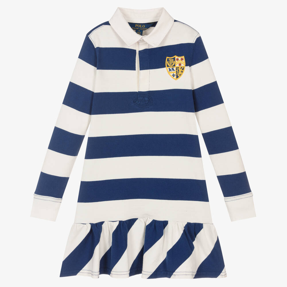 Polo Ralph Lauren - فستان قطن مقلم لون أزرق وأبيض | Childrensalon