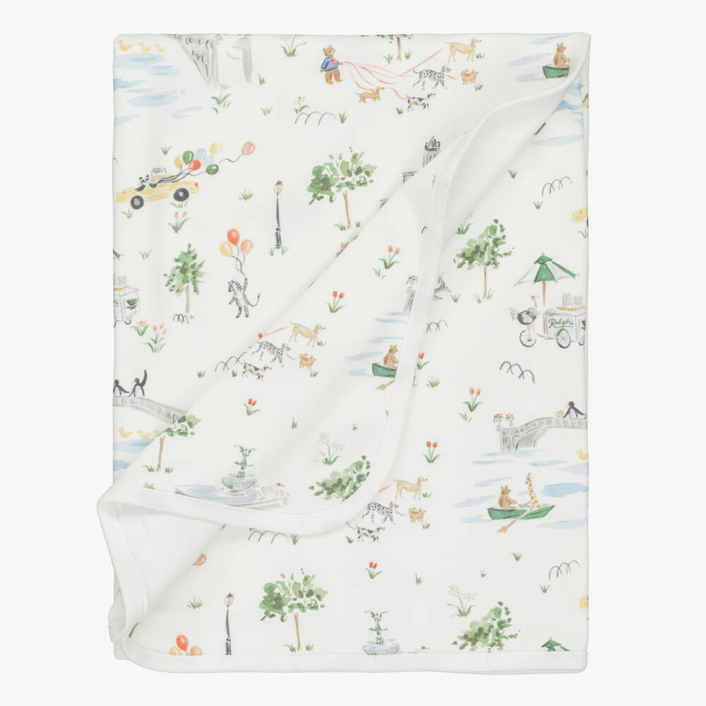 Ralph Lauren-Ivory Central Park Print Cotton Jersey Blanket (80cm) | Childrensalon Outlet