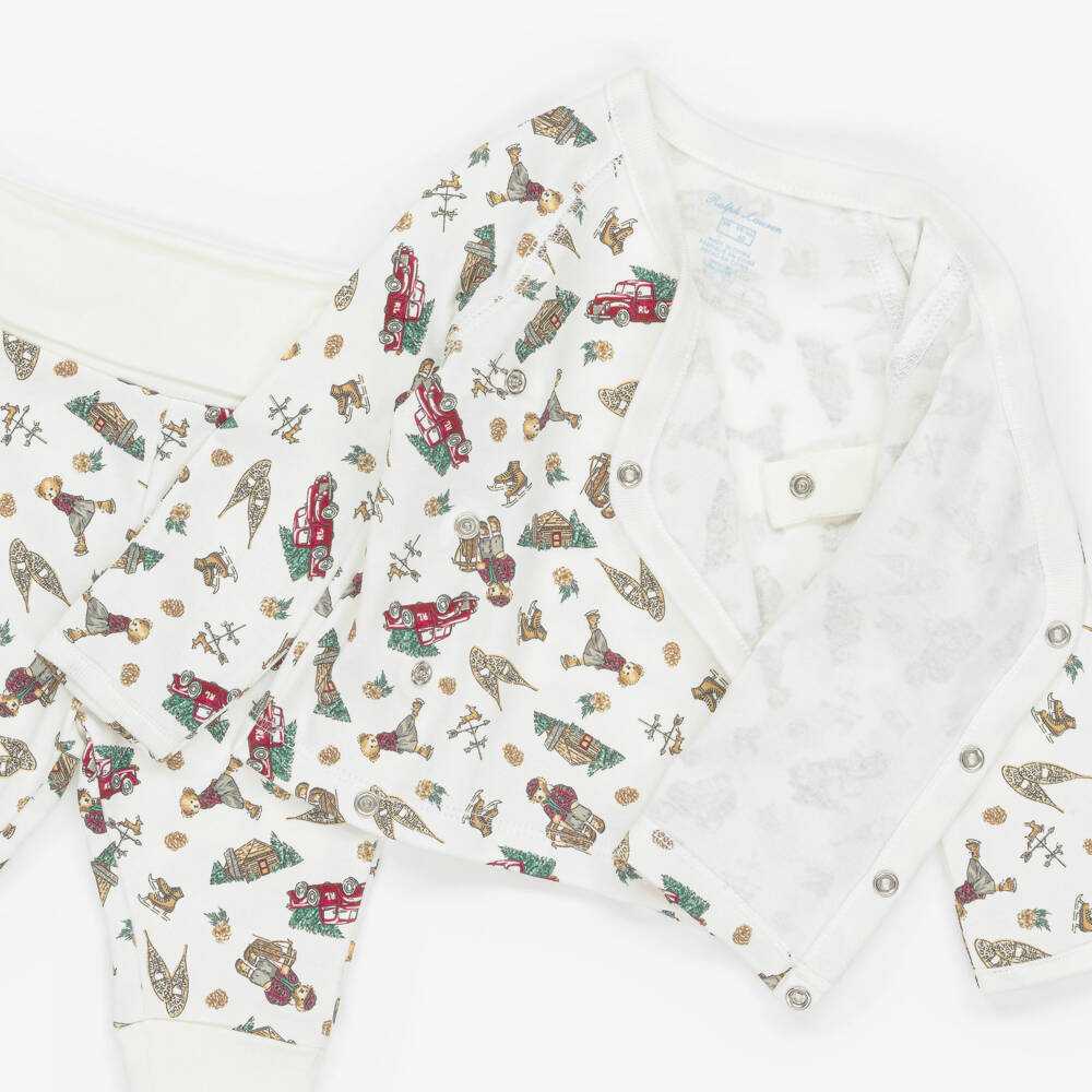 Ralph Lauren-Ivory Xmas Print Babygrow Gift Set | Childrensalon Outlet