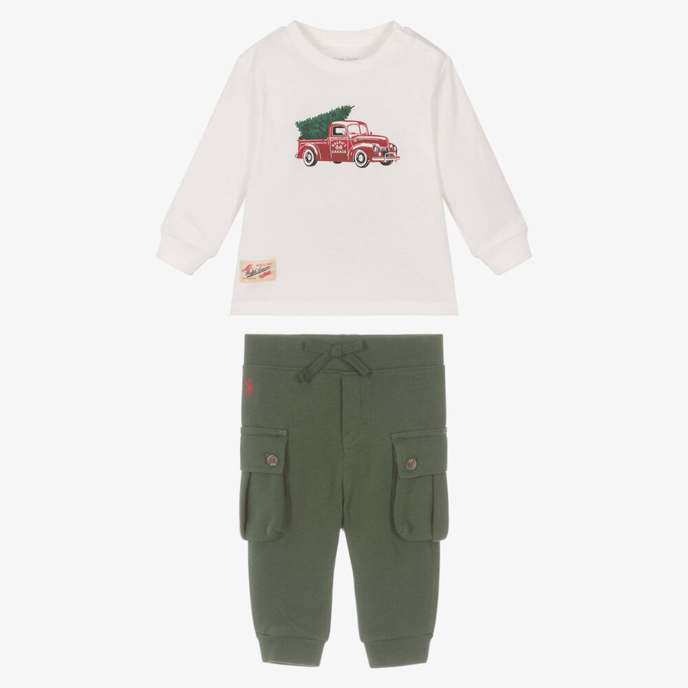 Ralph Lauren-Ivory Xmas Truck Trouser Set | Childrensalon Outlet