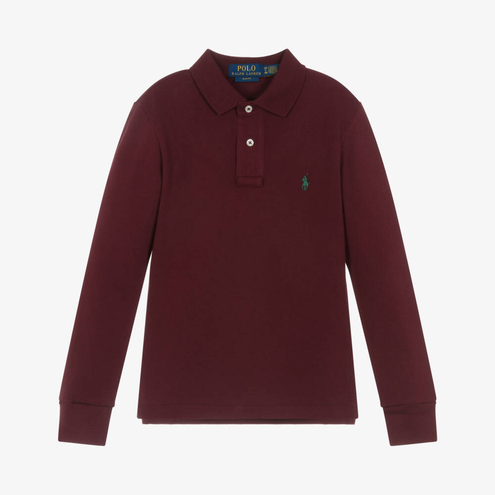 Ralph Lauren-Junior Boys Maroon Red Long-Sleeve Cotton Polo Shirt | Childrensalon Outlet