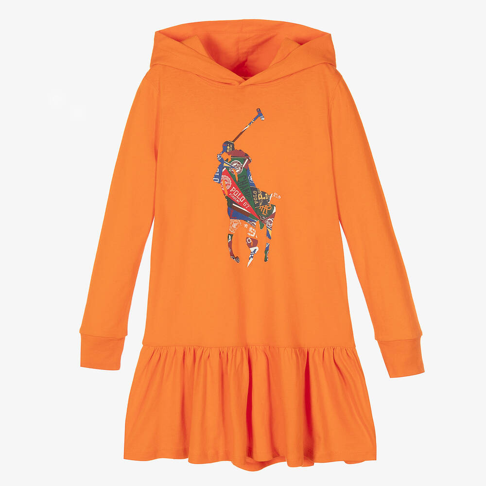 Polo Ralph Lauren-فستان سويتشيرت هودي قطن لون برتقالي | Childrensalon Outlet