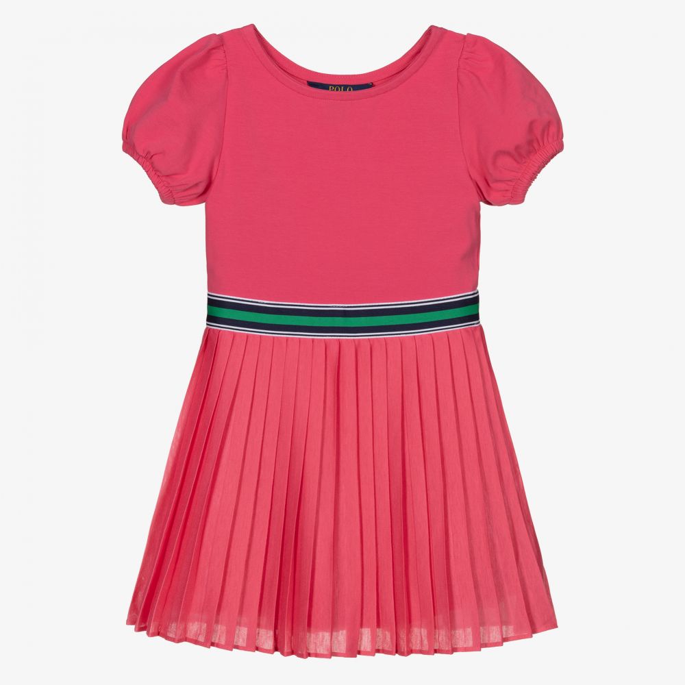 Polo Ralph Lauren - فستان قطن جيرسي بطيات لون زهري فيوشيا | Childrensalon