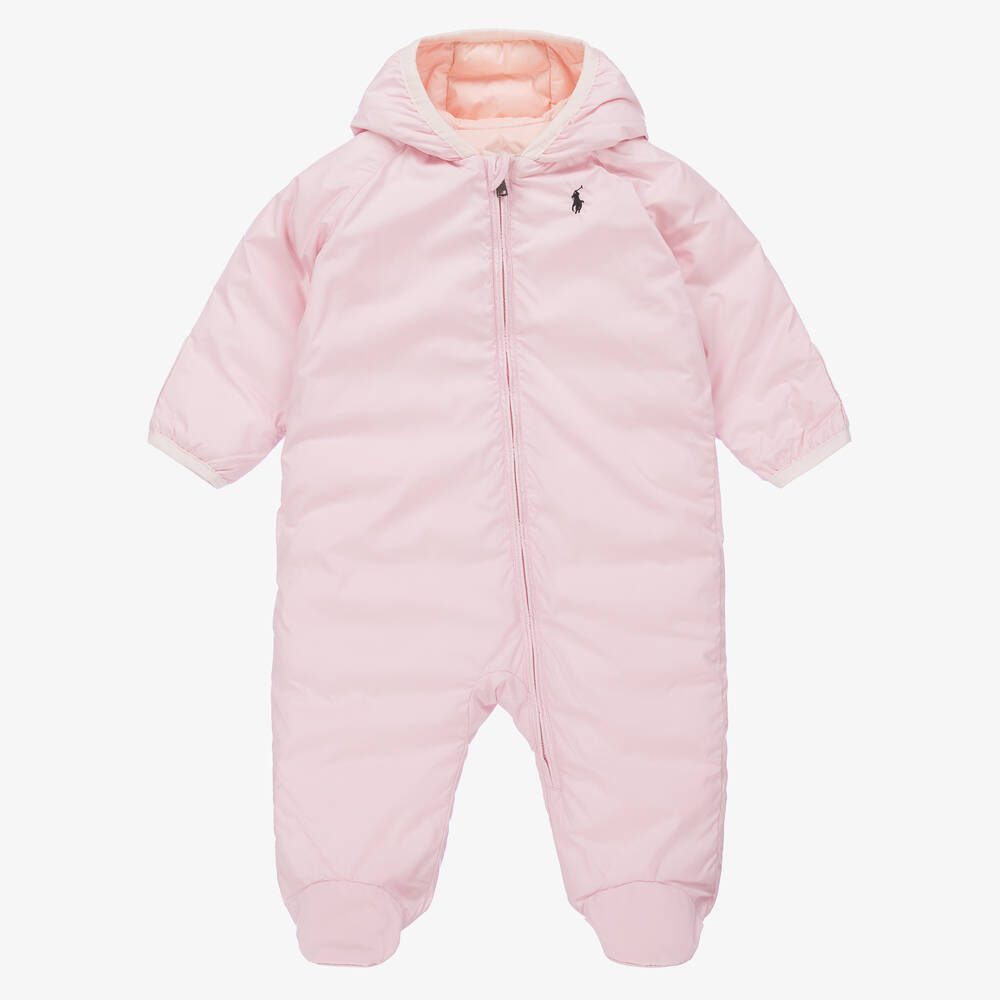 Ralph Lauren - Pink Padded Logo Baby Snowsuit | Childrensalon