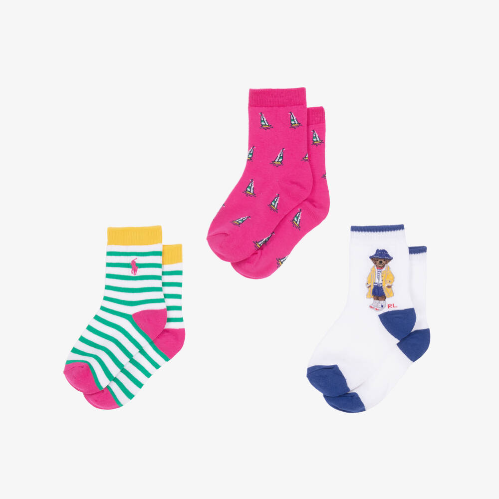 Ralph Lauren-Pink & White Girl's Cotton Sock Trio | Childrensalon Outlet