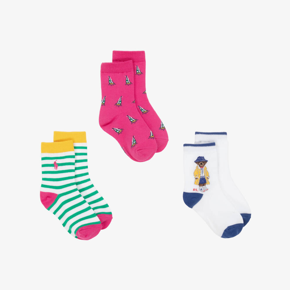 Ralph Lauren-Pink & White Girl's Cotton Sock Trio | Childrensalon Outlet