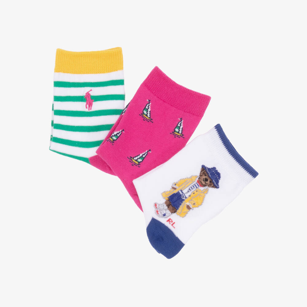 Ralph Lauren-Pink & White Girl's Cotton Sock Trio | Childrensalon Outlet