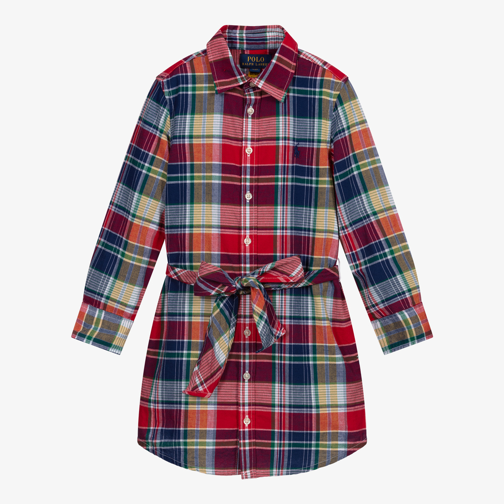 Polo Ralph Lauren - فستان قميص قطن لون أحمر وأزرق | Childrensalon