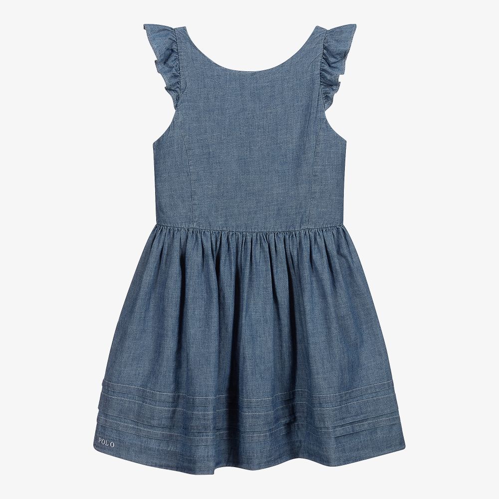 Polo Ralph Lauren - فستان تينز بناتي قطن شامبري لون أزرق | Childrensalon