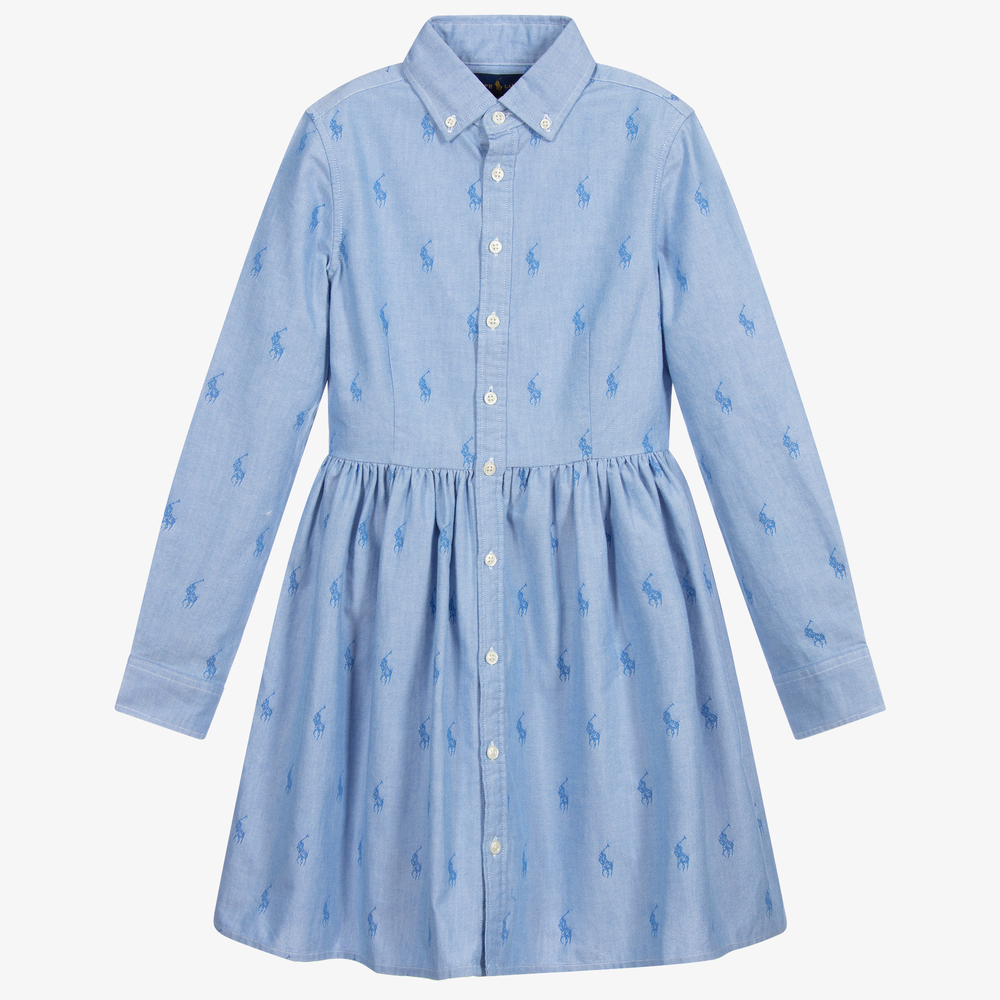 Polo Ralph Lauren - فستان قميص تينز قطن أكسفورد لون أزرق | Childrensalon