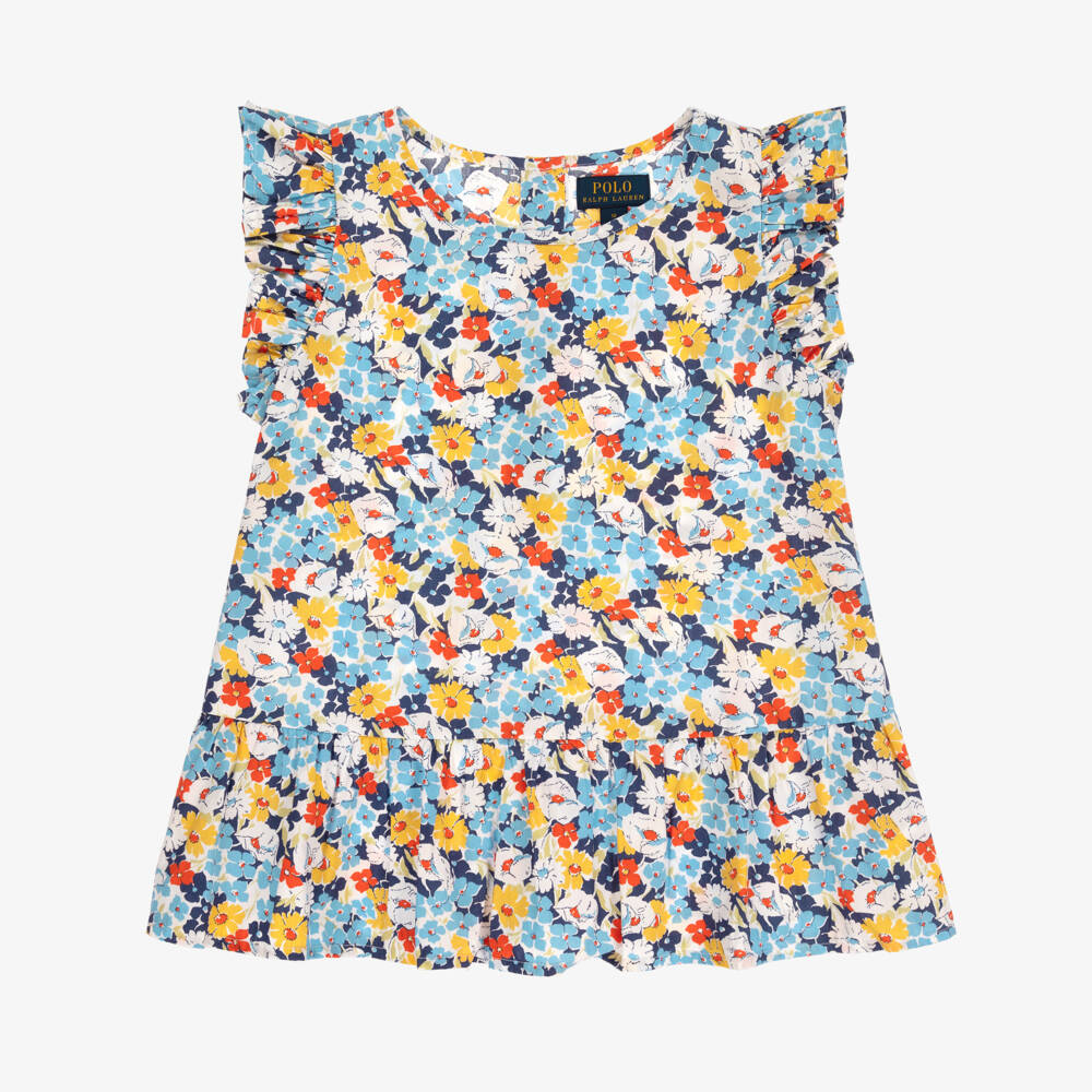 Polo Ralph Lauren-توب تينز بناتي قطن لون أزرق وأصفر بطبعة ورود | Childrensalon Outlet