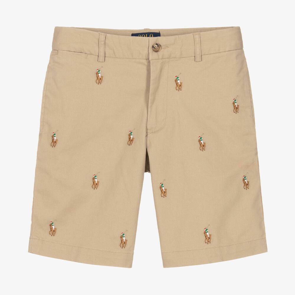 Ralph Lauren - Teen Boys Beige Cotton Pony Shorts  | Childrensalon