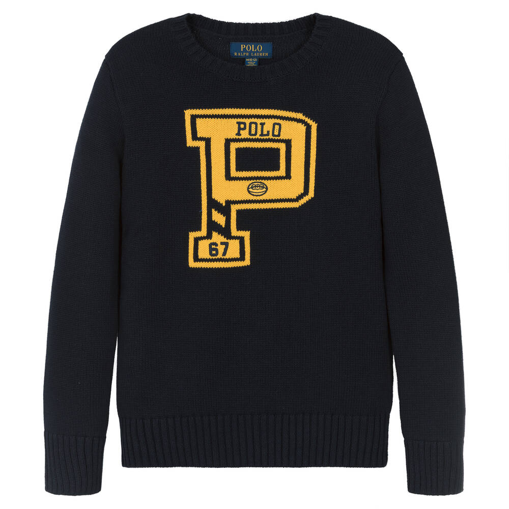 Ralph Lauren - Pull universitaire bleu en coton | Childrensalon