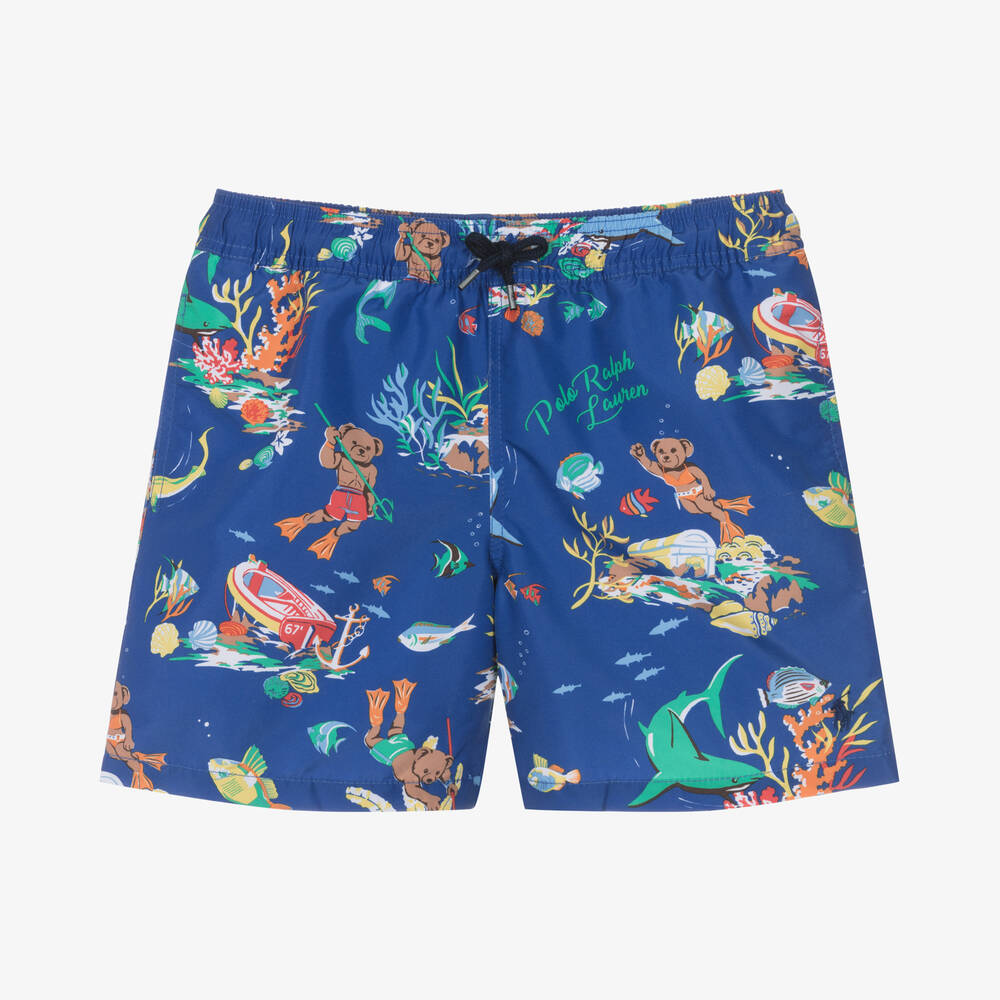 Ralph Lauren - Teen Boys Blue Polo Bear Swim Shorts | Childrensalon
